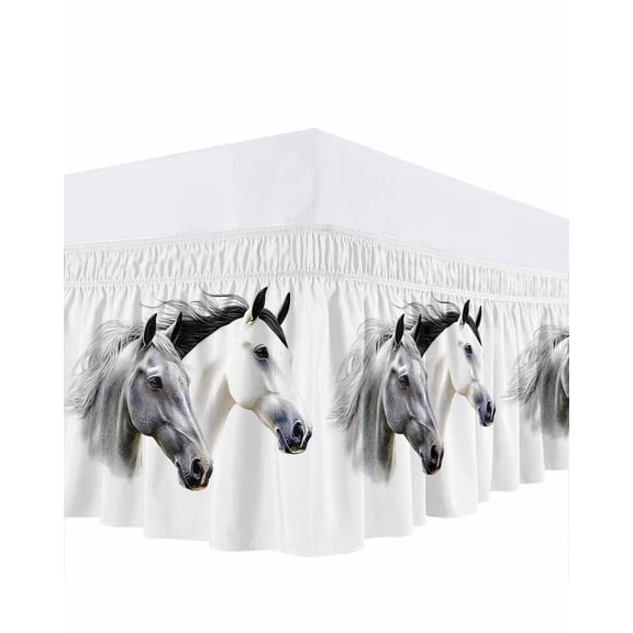 Horse Print Bed Skirt Queen Size, Modern Watercolor Grey White Animals Wrap Around Bed Skirting with Adjustable Elastic Strap, Dust Ruffle Pleated Bedskirts 18 Inch Drop for Bedroom Queen Beds