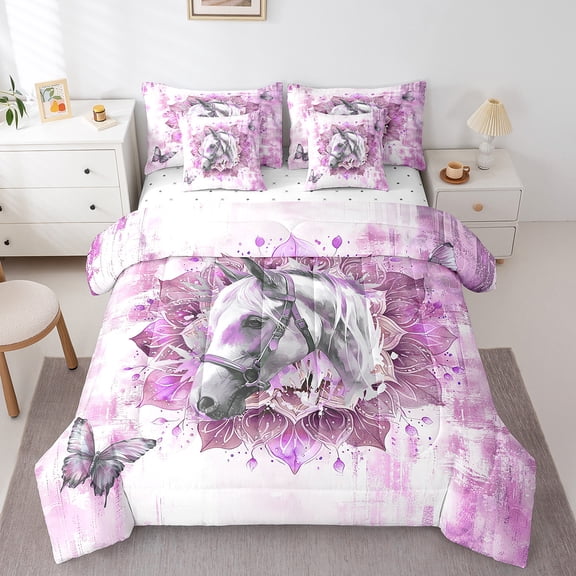 Horse Print Bedding Comforter Sets 7pcs Animal Wildlife Bed in a Bag,Tribal Mandala Floral Twin Bedding Sets Pink Oil Painting Comforter Set,Modern Ombre Bedding Sets & Collections