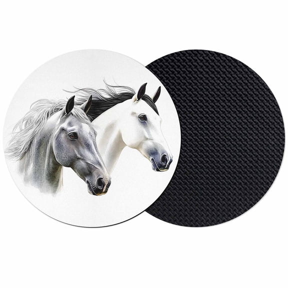 Horse Print Coasters Set of 2, Modern Watercolor Grey White Animals Absorbent Coasters for Drinks, Coaster for Bar Office Dining Coffee Table Accessories Decor, Non Slip Round Desk Coaster
