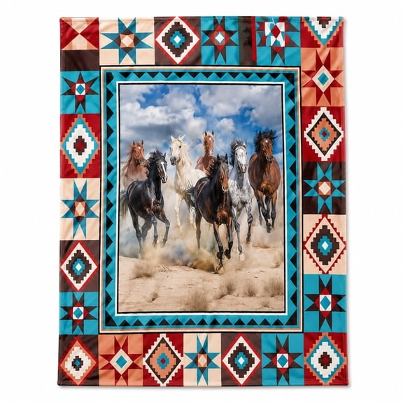 Horse Print with Southwestern Geometric Border Fleece Throw Blanket, Soft 280 Gsm Polyester, Western Farmhouse Decor for Couch, Sofa & Bed