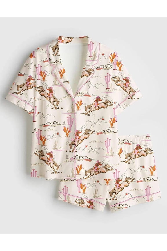 Horse Print Pajama Set for Women, Equestrian Long Sleeve Button Up Pajamas, Cowgirl Lounge Sleepwear Set, Gift for Horse Lovers