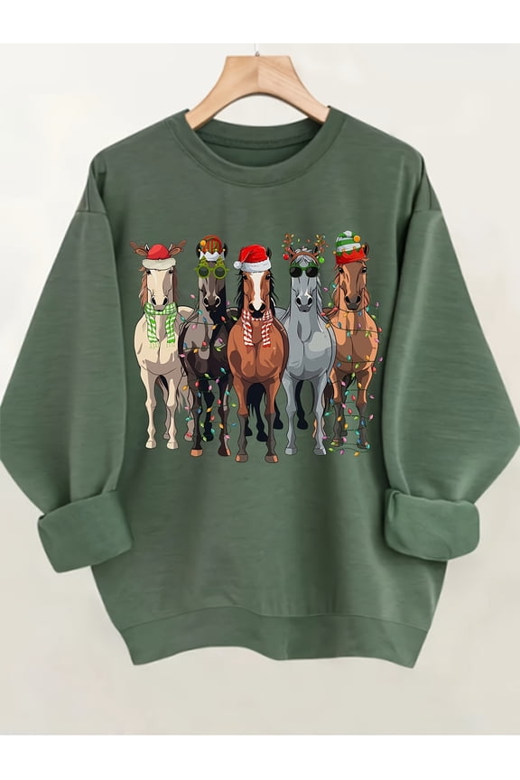 Horse Print Pullover Sweatshirt, Christmas Long Sleeve Crew Neck Sweatshirt For Fall & Winter, Women's Clothing