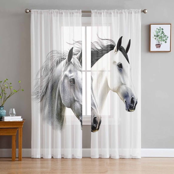 Horse Print Sheer Curtains 108 Inch Length 2 Panels Set for Living Room/Bedroom, Modern Watercolor Grey White Animals Semi Curtain Sheers Drapes Rod Pocket Curtains Window Treatment Set 52''x108''x2