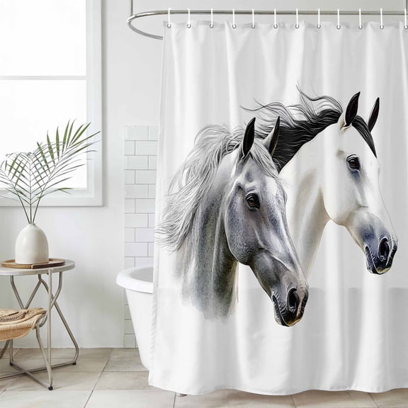Horse Print Waterproof Fabric Shower Curtain,Modern Watercolor Grey White Animals Waterproof Fabric Shower Curtain for Bathroom Curtains Bathtubs Hotel Shower Curtains with 12 Hooks Standard 60x72