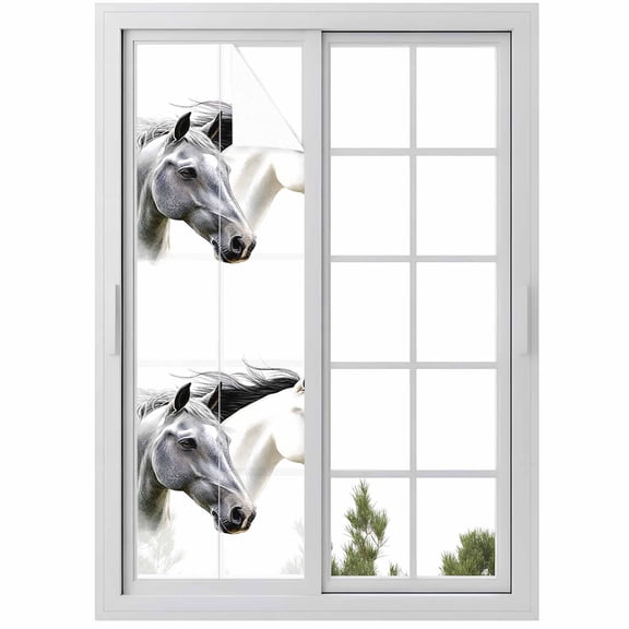 Horse Print Window Privacy Film, Modern Watercolor Grey White Animals Static Cling UV Sun Blocking Heat Control Window Tint Day and Night, Non-Adhesive One Way Windows Privacy Cover 17.7''x78.7''