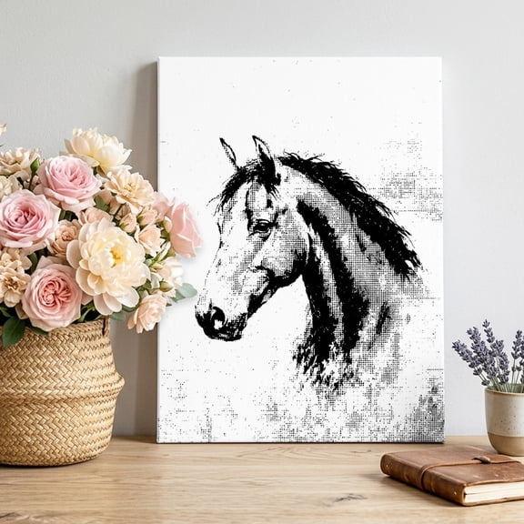 Horse Profile Canvas Wall Art Framed Wall Decor for Living Room Bedroom Bathroom, Abstract Bold Black White Ink Dot Silhouette Canvas Pictures Ready to Hang Decor, 8"x10"