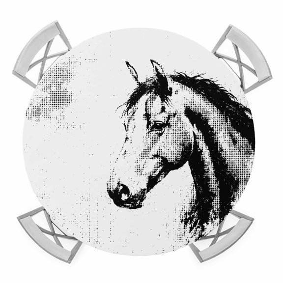 Horse Profile Round Table Cover, Abstract Bold Black White Ink Dot Silhouette Waterproof Fitted Tablecloths for 36"-44" Tables, Washable Picnic Table Cover for Camping Dining Indoor Outdoor