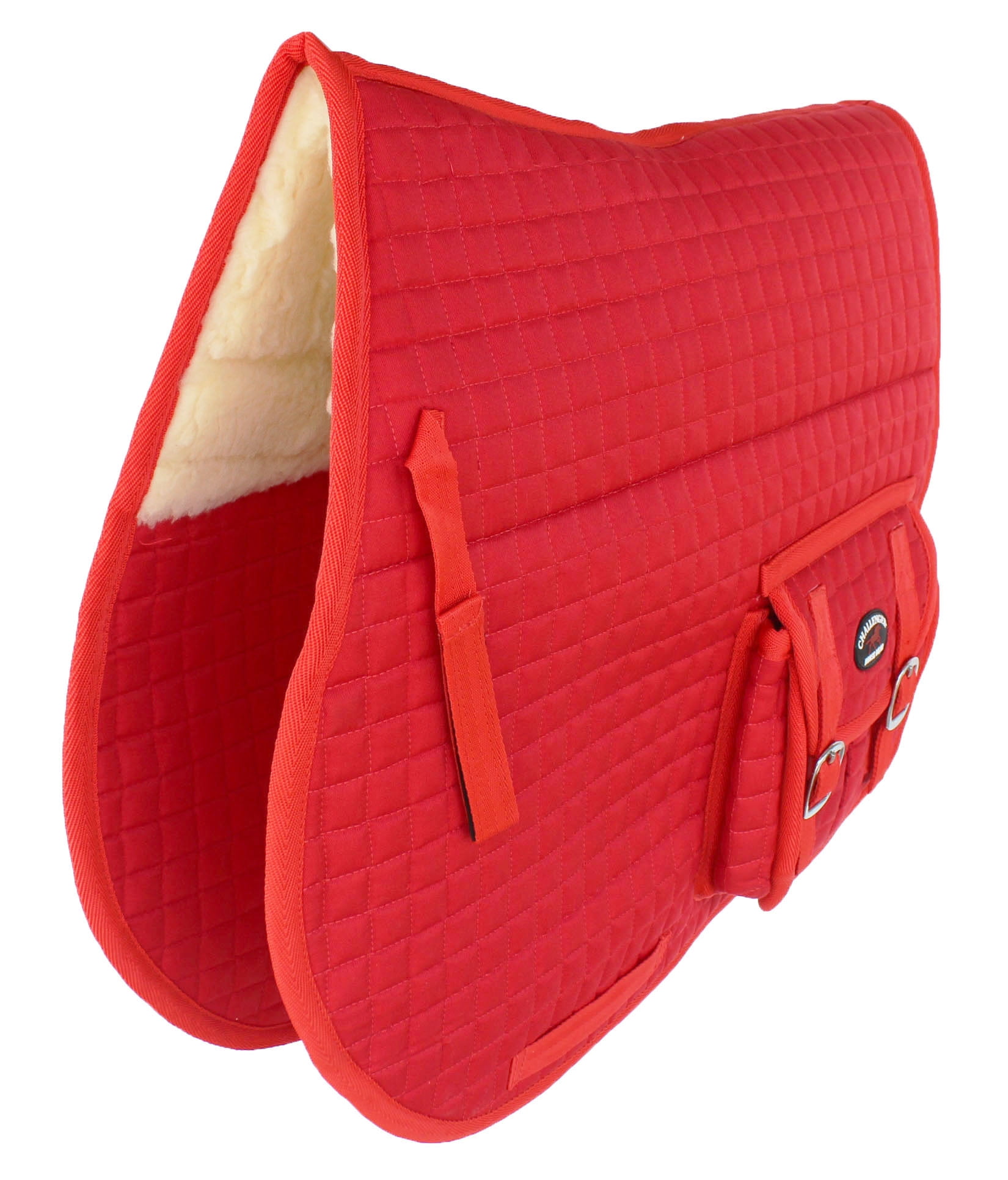 Challenger Horse Quilted English Saddle Pad - Red Faux Fur, 24x22 Inches, With Pockets, For Trail, Dressage, Western Riding