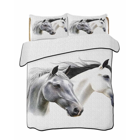 Horse Quilts Bedding Set Queen Size Watercolor Animal Lightweight Quilted Bedspread 3 Piece Bed Quilt with 2 Pillow Shams All Season for Bedroom 78" x 90"