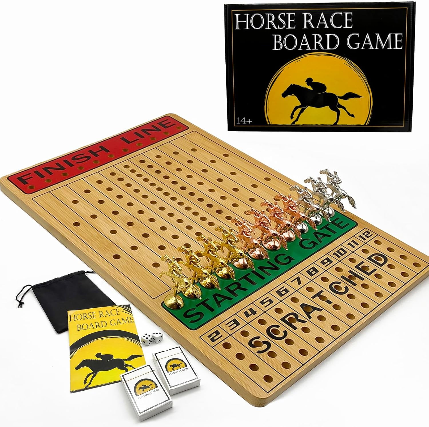 Horse Race Board Game,Bamboo Horse Racing Board Game with 11 Metal