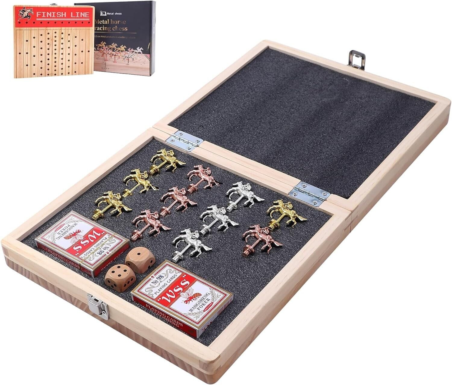 Horse Race Board Game, Horse Racing Game, Board Game Set Foldable and Portable with 2 Sets of Cards, 2 Dice, and 12 Metal Horses (1-Pack)