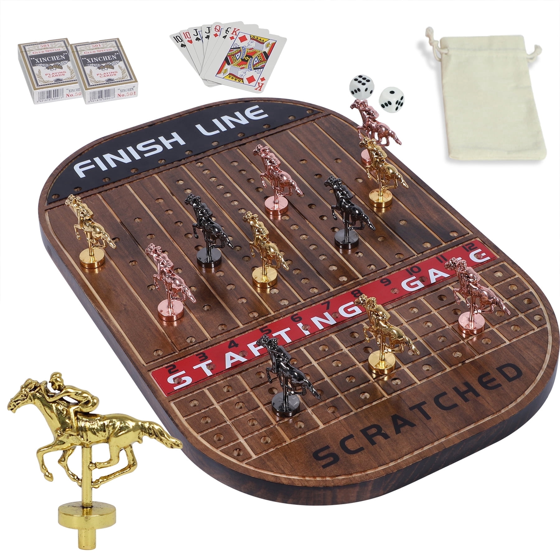 Grhonior Horse Race Board Game Solid Wood with 11 Metal Horses, 4 Dice & 2 Card Decks (Rustic Brown)