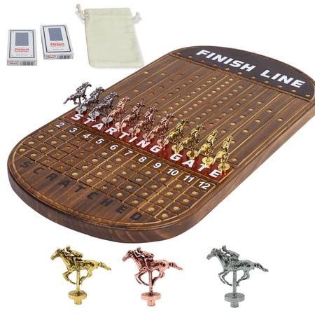 Horse Race Board Game Oval Thickened Solid Wood with 11 Luxurious Metal Horses 21 x 11.8 x 0.8 Inch