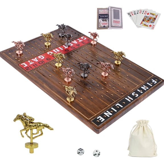 Horse Race Board Game Racing Game Flame Color Thickened Solid Wood with 11 Luxurious Durable Classic Metal Horses 15.6 x 10 x 10 Inch