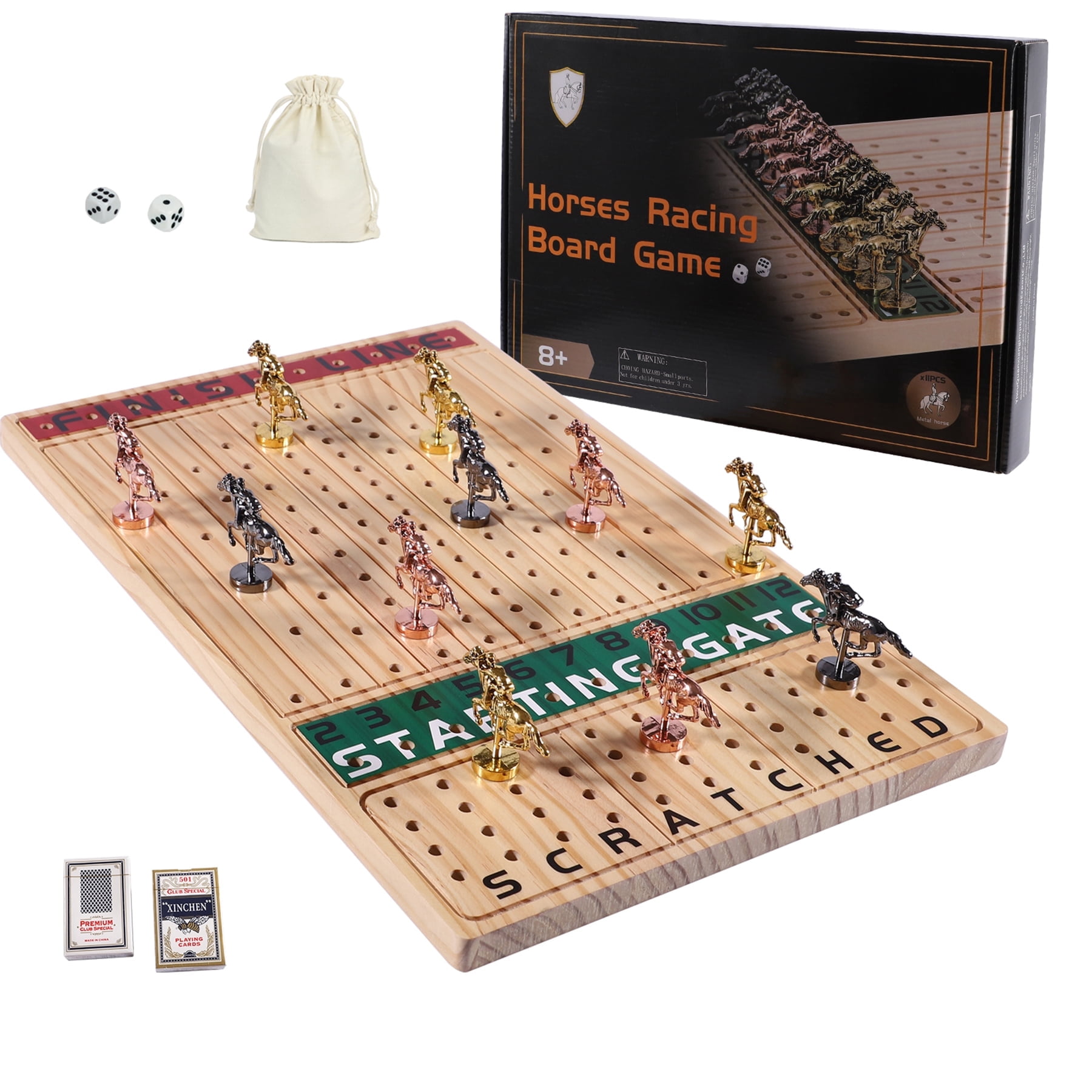 Grhonior Horse Race Board Game Dice Game Rectangle Thickened Solid Wood with 11 Metal Horses and 4 Dice 15.6 x 10 x 0.6 Inch