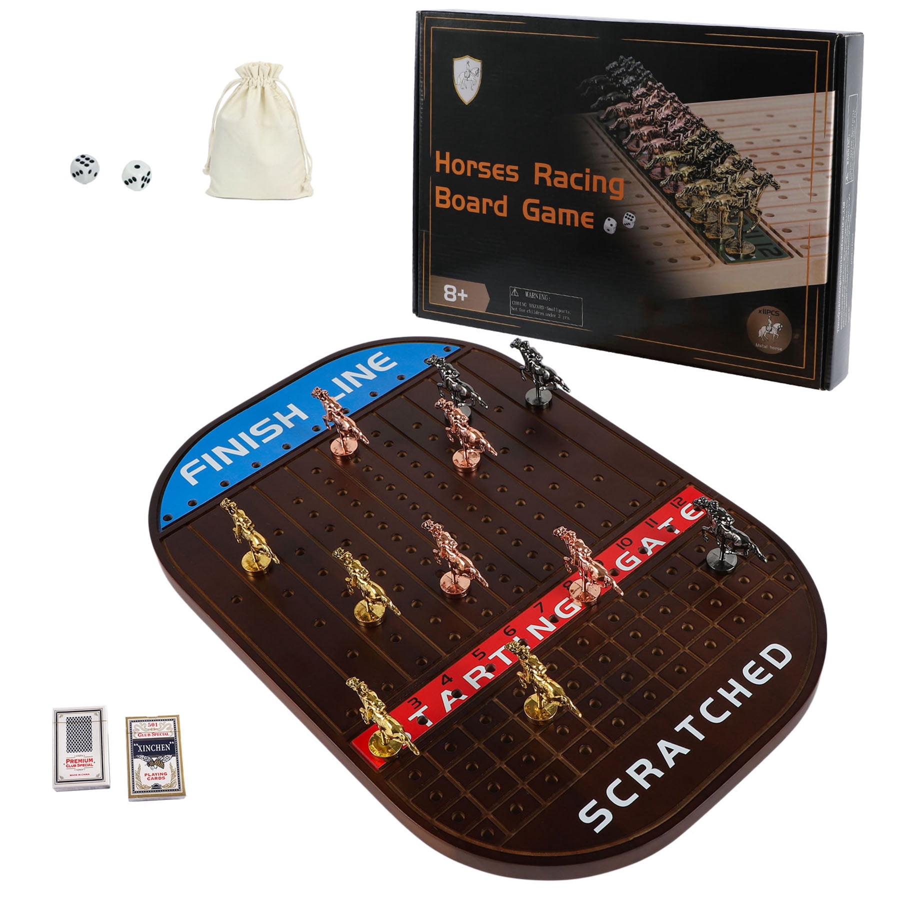 Grhonior Horse Race Board Game Racing Game Thickened Solid Wood with 11 Luxurious Durable Classic Metal Horses with 4 Dice and 2 Boxes of Cards Horse Racing Game (Walnut Color, Oval)