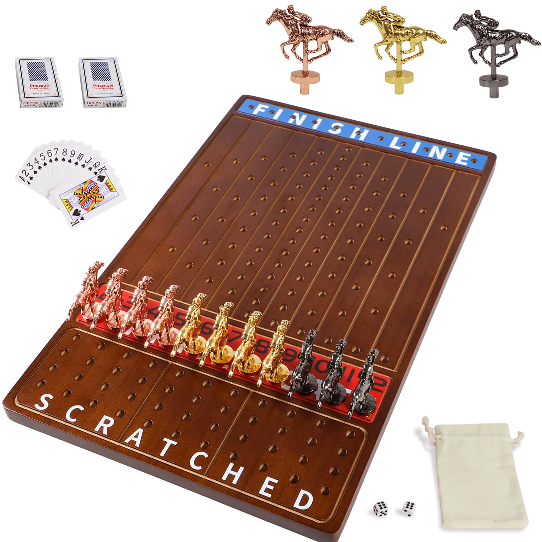 Grhonior Horse Race Board Game Racing Game Thickened Solid Wood with 11 Luxurious Durable Classic Metal Horses with 4 Dice and 2 Boxes of Cards Horse Racing Game (Walnut Color, Rectangle)