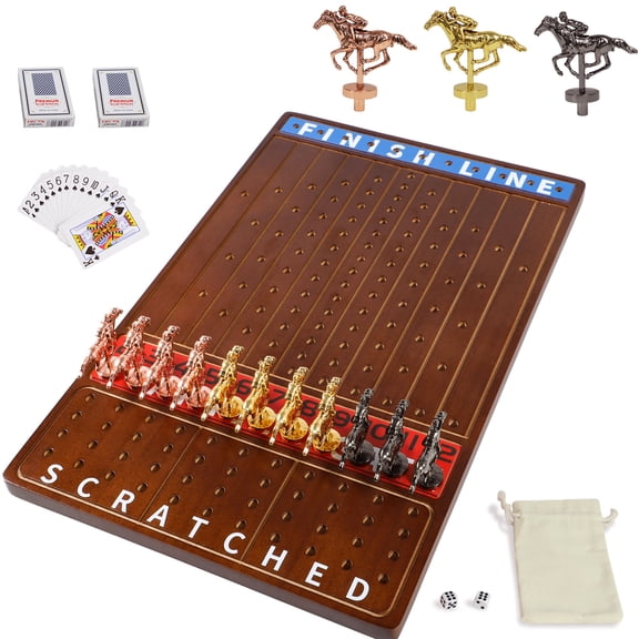 Grhonior Horse Race Board Game Racing Game Thickened Solid Wood with 11 Luxurious Durable Classic Metal Horses with 4 Dice and 2 Boxes of Cards Horse Racing Game (Walnut Color, Rectangle)