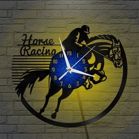 Horse Racing 12 Inch Vinyl Record Wall Clock - Silent, Creative, and Unique Clock for Living Room, Entryway, or Bedroom Decor - Perfect Gift Idea(12 inchs B with LED)