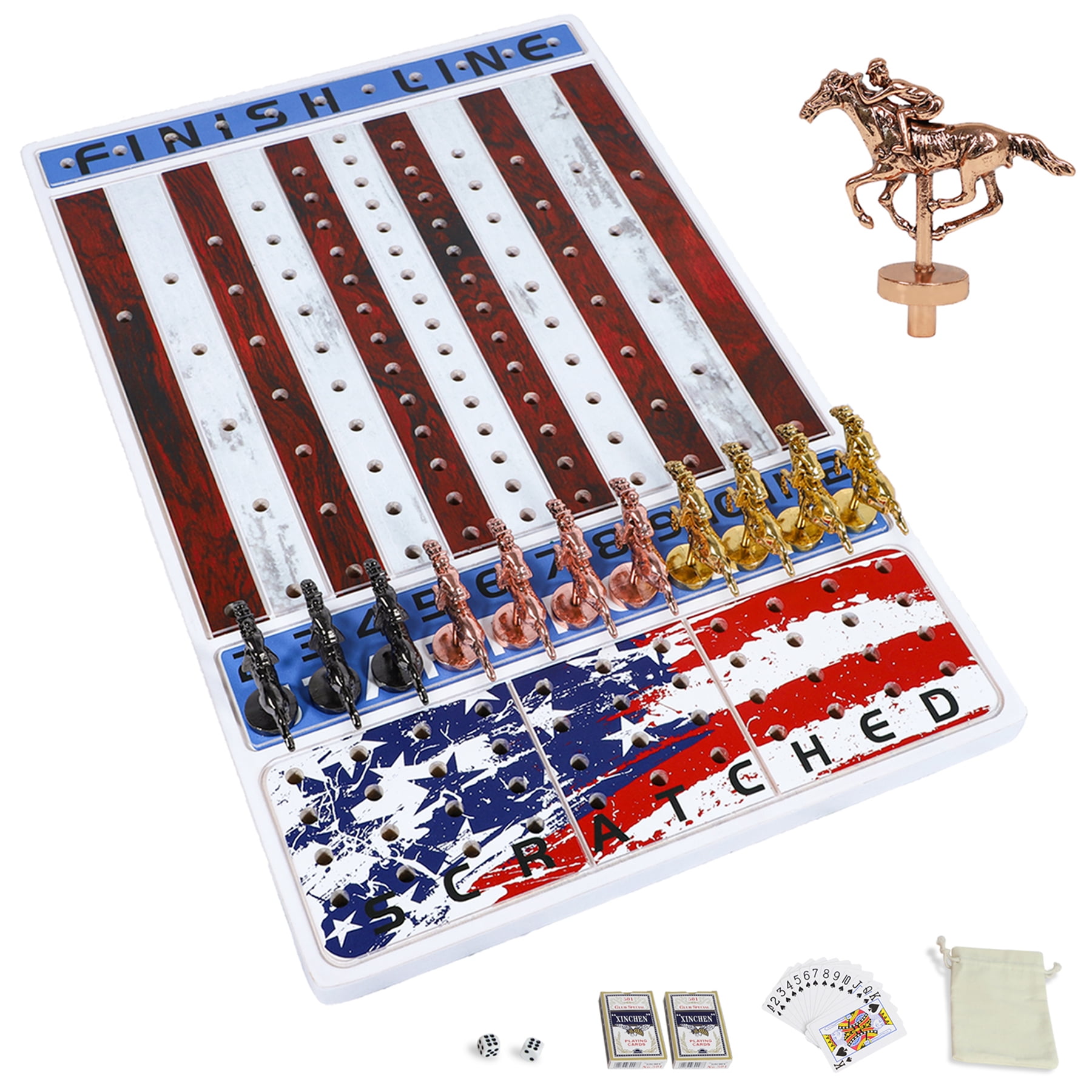 Horse Racing Board Game with 11 Luxury Metal Horses Thickened Wood Game Board Including Dice and Cards Finish LINE Stars and Stripes Horse Race Game Board
