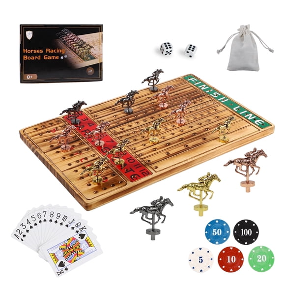 Grhonior Horse Racing Board Game Thickened Wood Finish Line Horse Race Game with 11 Metal Horses for Parties and Gambling