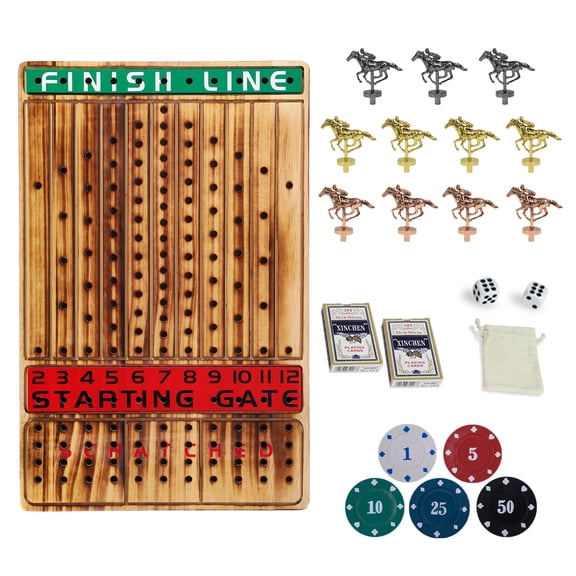 Grhonior Horse Racing Board Game Thickened Wood Finish Line Horse Race Game with 11 Metal Horses for Parties and Gambling