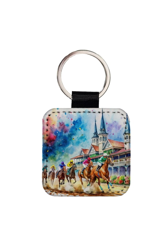 Horse Racing Derby Watercolor Faux Leather Square Keychain
