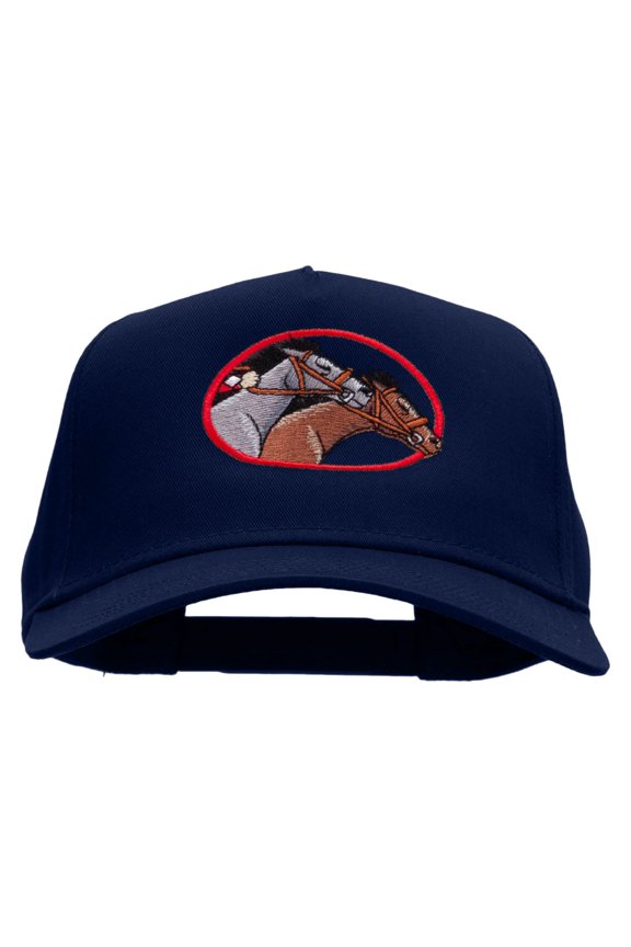 Horse Racing Embroidered Solid Cotton Twill 5 Panel Prostyle Snap Cap - Navy OSFM