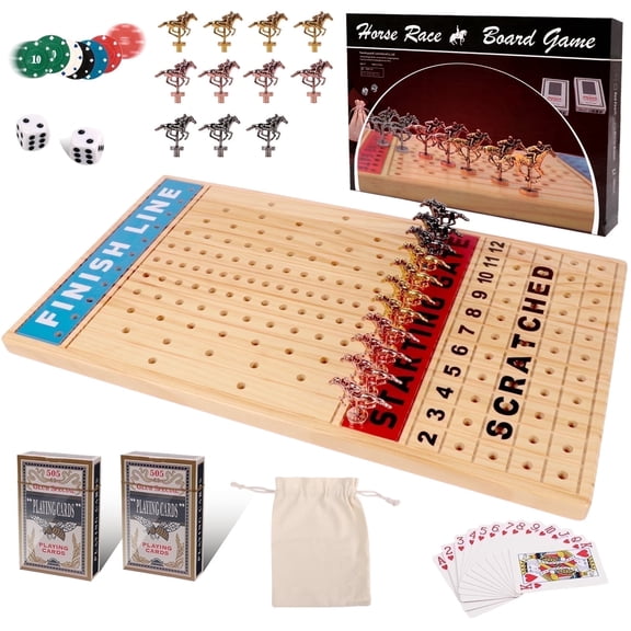 KiddiTouch 21 Inch Horse Race Board Game with 11 Metal Horses, 2 Dices, 2 Boxes of Cards and 5 Sets of Gaming Chips Gifts for Adult, Families and Parties