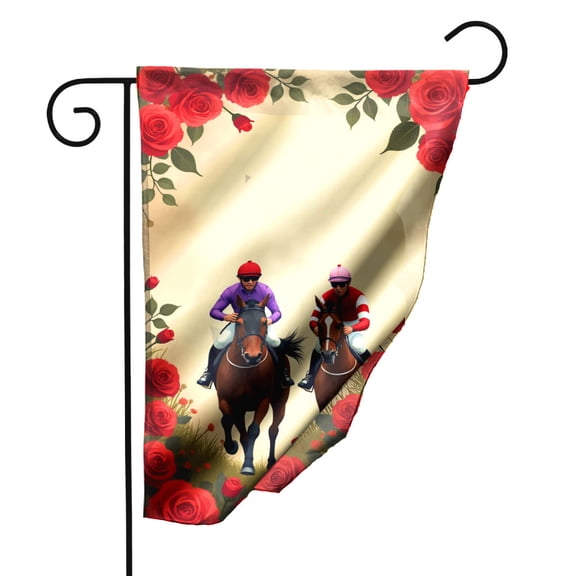 Horse Racing Garden Flag 12.5x18 Inch Double Sided Polyester Decorative Outdoor Flag with Vibrant Jockeys and Red Roses Design for Yard Lawn Patio Decor#22901