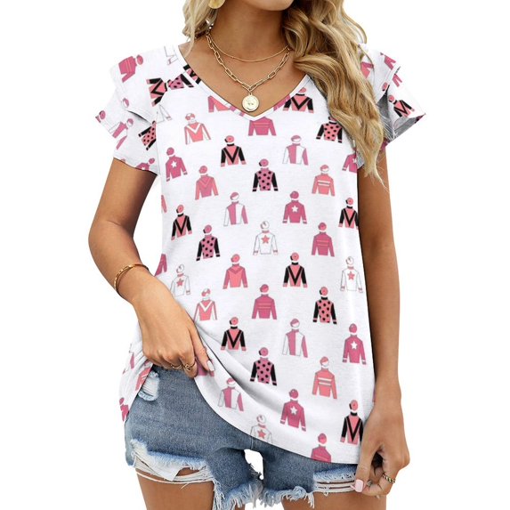 Horse Racing Jockey Silks Blush Pink Short Sleeve T Shirts Summer V Neck Tops Fashion Casual Tee Shirt