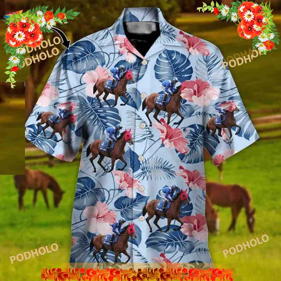 Horse Racing Tropical Floral Hawaiian Shirt, Horse Lovers Gifts