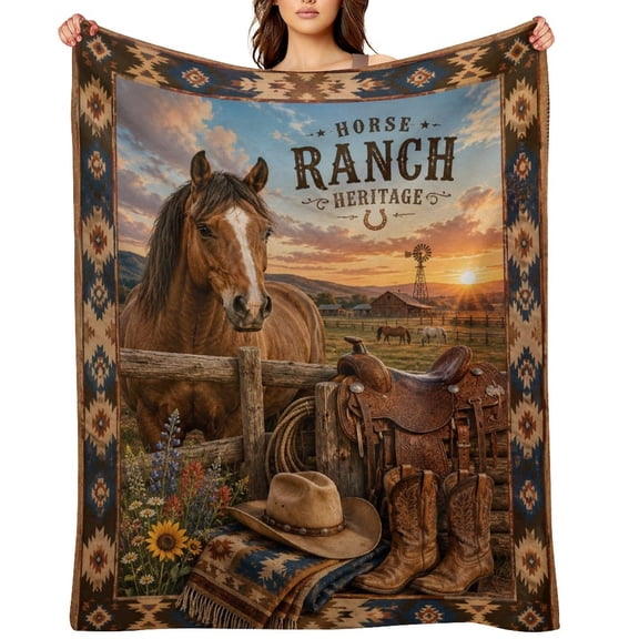 Horse Ranch Heritage BlanketFlannel Fleece Throw Blanket, Soft Lightweight Cozy Plush Blanket for Couch Sofa Bed, All Season Microfiber Blanket for Home Travel Office, Father’s Day Gift