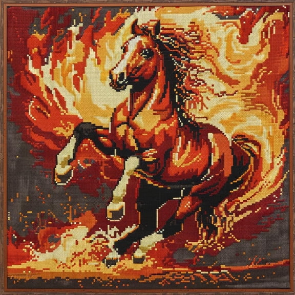 Horse Rearing up Sunset Fire DIY 11CT Stamped Cross Stitch Kits for Beginners Easy Needlepoint Embroidery Counted Cross Stitch Art Craft for Wall Decoration 14x14inch(4)