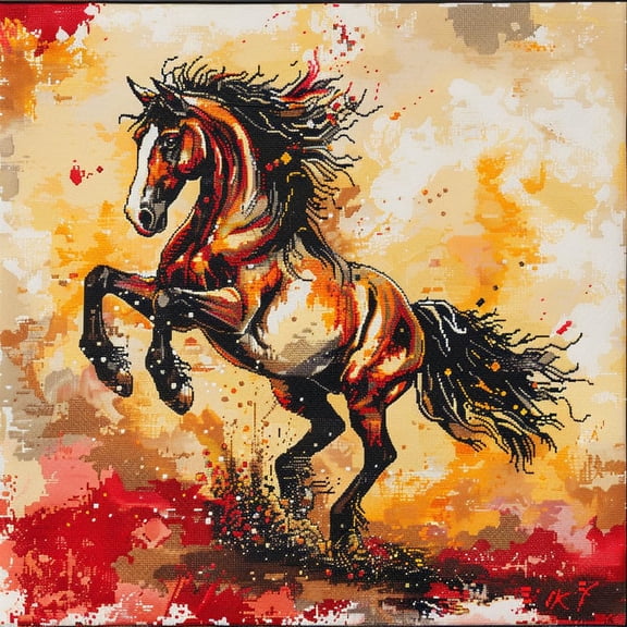Horse Rearing up Sunset Fire DIY 11CT Stamped Cross Stitch Kits for Beginners Easy Needlepoint Embroidery Counted Cross Stitch Art Craft for Wall Decoration 14x14inch(1)