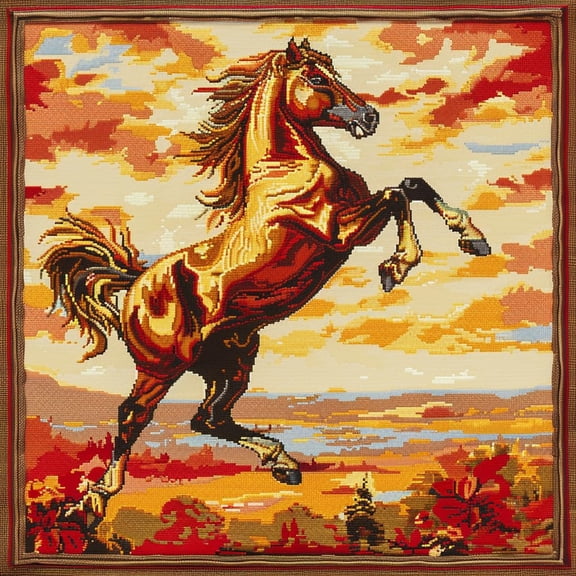 Horse Rearing up Sunset Fire DIY 11CT Stamped Cross Stitch Kits for Beginners Easy Needlepoint Embroidery Counted Cross Stitch Art Craft for Wall Decoration 20x20inch(2)