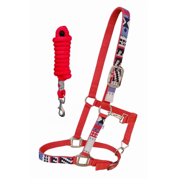 Horse Red Nylon Geometric Pattern Inlay Adjustable Halter w/ Lead Rope 606210RD