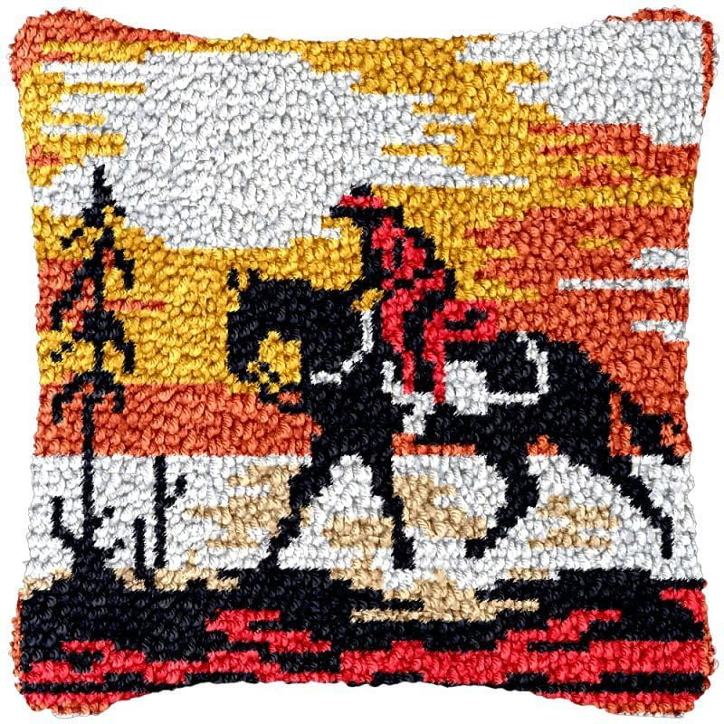 Horse Riding Cowboy Latch Hook Pillow Cover Kits for DIY Handmade Throw Pillow Cross Stitch Latch Hook Pillowcase Rug Cushion Kits with Preprinted Canvas Crochet Yarn Kits Needlework 17'' X 17''