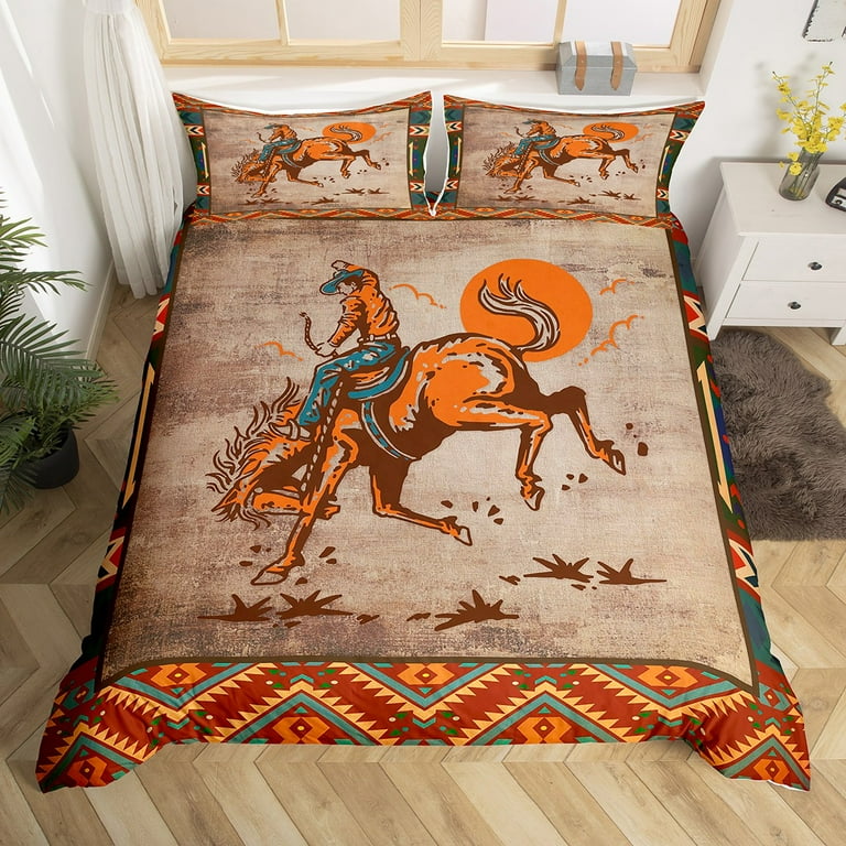 Horse Riding Duvet Cover Twin Vintage Board Sunset Bedding Set Western Cowboy Riders Wild Animal Comforter Cover Rustic Tribal Retro Bedroom Decor