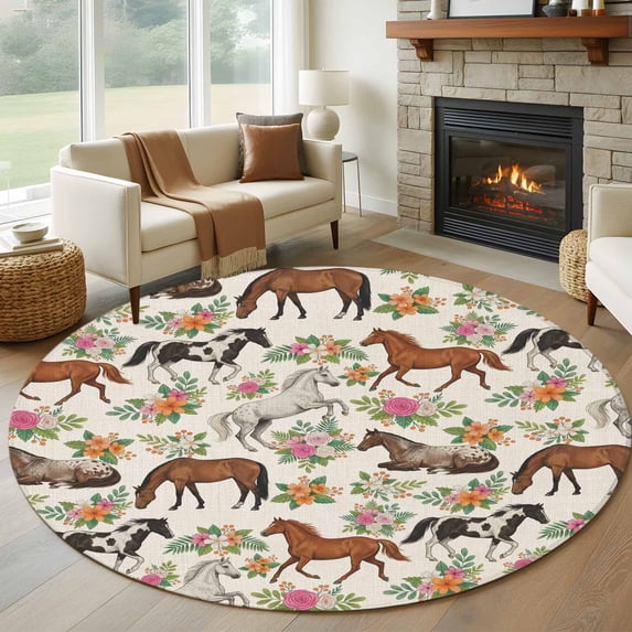 Horse Round Area Rug 5Ft Washable Circle Rugs for Living Room Bedroom, Rustic Spring Floral Summer Botanical Non-Slip Carpet Floor Mats Indoor Outdoor Carpet Runner Aesthetic Home Decor