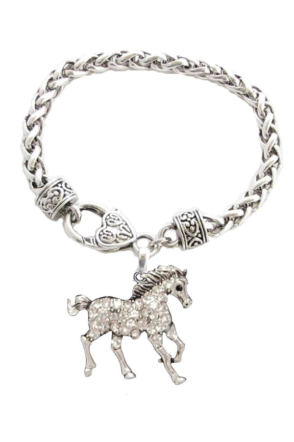 Horse Running Crystal Charm On Silver Plated Fashion Bracelet.
