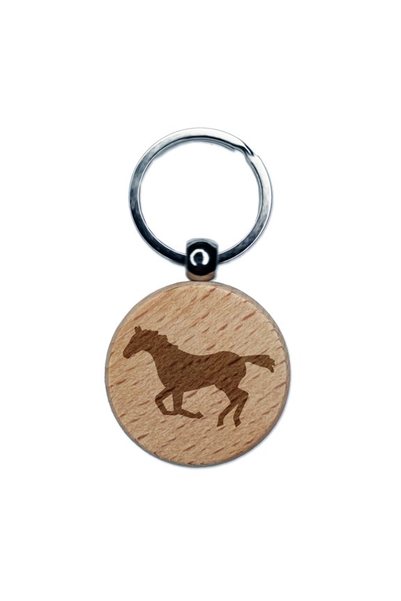 Horse Running Solid Round Keychain Charm Tag - Engraved Wood