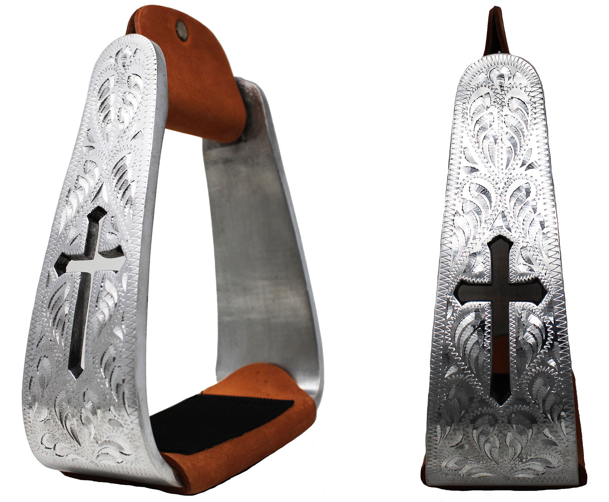 Horse Saddle Stirrups Western Lightweight Aluminum Engraved Cross Cut