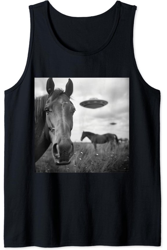 Horse Selfie With Ufo Weird 50S Photo -- Tank Top Size S-3XL
