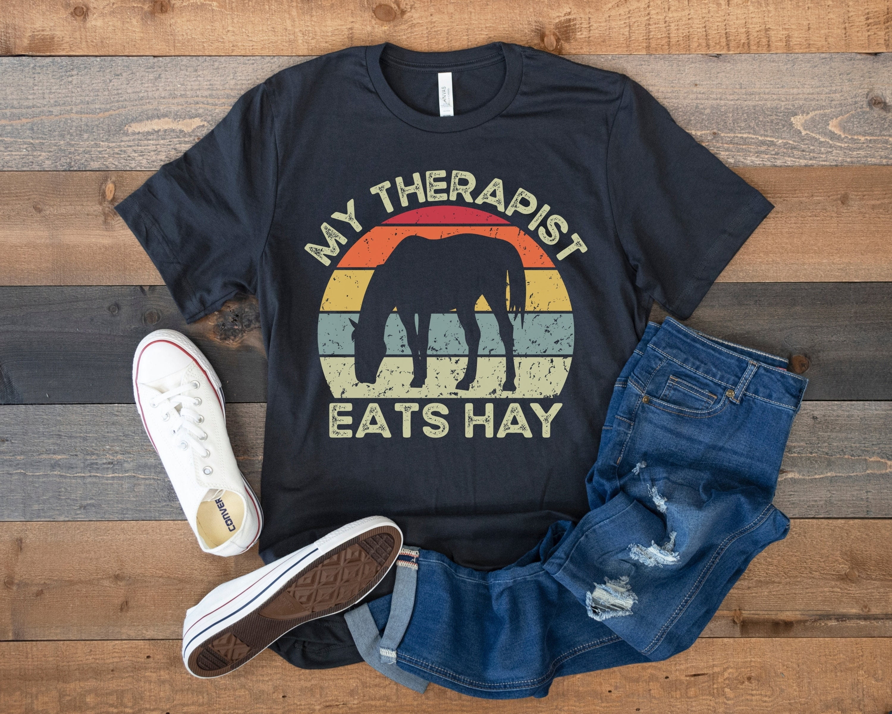 Horse Shirt, Retro Horse Tee, Horse Lover Gift, Horse Riding, Equestrian Shirt, Funny Horse T-Shirt, Girl Horse Tee, My Therapist Eats Hay
