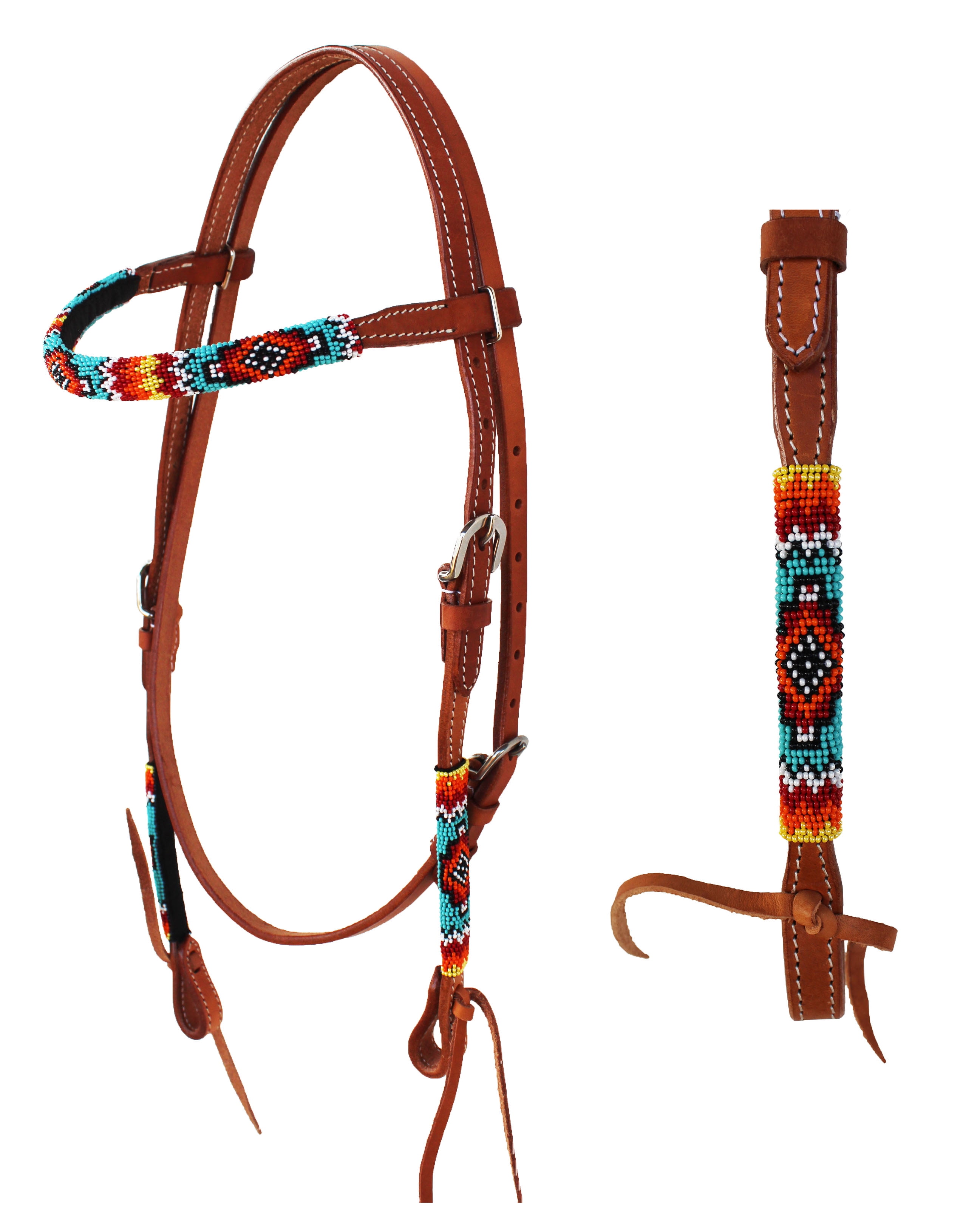 CHALLENGER Western Horse Bridle – Beaded Browband Headstall, Leather, Tan, Horse Size