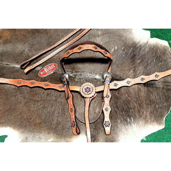 Horse Show Bridle Western Leather Headstall Breast Collar Tack Pink 76168