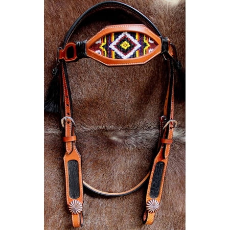 Horse Show Bridle Western Leather Headstall Hand Beaded Tack Rodeo Brown 7905H