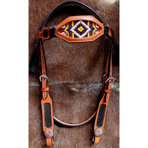 Horse Show Bridle Western Leather Headstall Hand Beaded Tack Rodeo Brown 7905H
