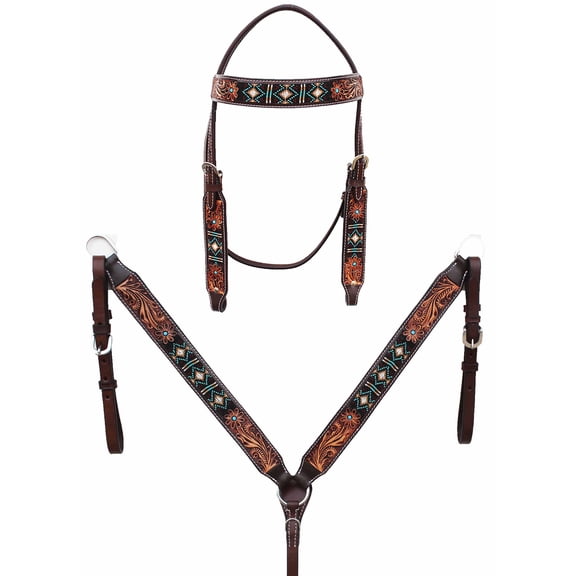 Horse Show Bridle Western Leather Western Antique Floral Tooled Leather Beaded Bridle Breast Collar Tack 79RS01B